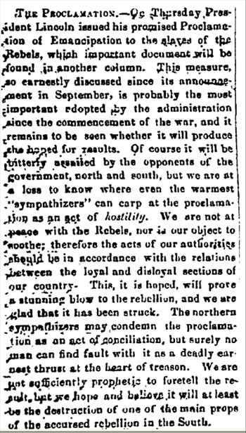 Image of an 1863 newspaper editorial in support of Lincoln's Emancipation Proclamation.