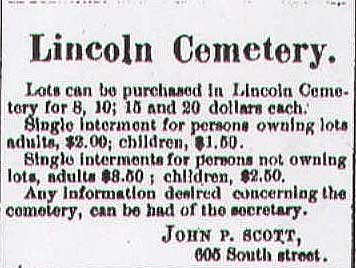 Advertisement of lots for sale in Lincoln Cemetery, in Dauphin County, Pennsylvania.