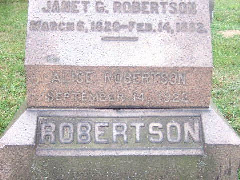 Photograph of the tombstone of Alice Robertson, in Harrisburg Cemetery.