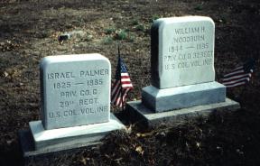 Gravestones of Israel Palmer, 1825-1885, and William H. Woodburn, 1844-1895.