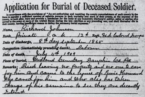 Official form to request burial of Richard Johnson, an impoverished Civil War veteran. Click for complete image.