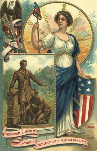 Fig 7 - Lady Liberty holds a freedom pole and cap.  Inset, the Emancipation Memorial, Washington, sculpted by Thomas Ball.