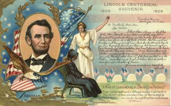Fig 4 - Nash postcard showing a grieving Mrs. Bixby and Lincoln's portrait.