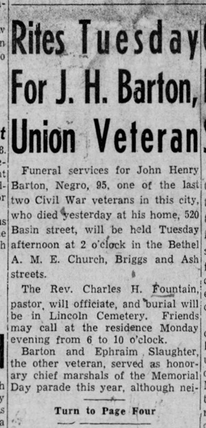 Newspaper Death notice of John H. Barton, 1942.