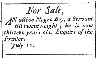 1798 advertisement for a 13 year-old Negro boy.