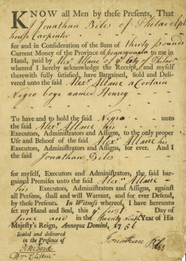 Bill of sale for Negro Boy Henry, 1756, Philadelphia