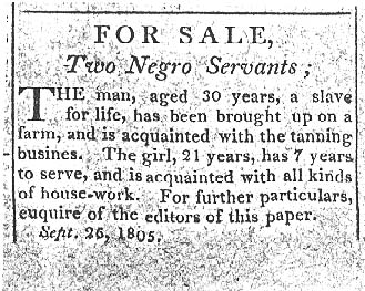 1805 newspaper advertisement to sell two Negro servants