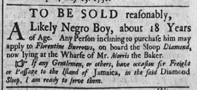 1736 Philadelphia advertisement selling an enslaved boy from a ship tied up at a city wharf.