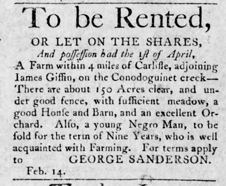 1805 Carlisle advertisement to sell a young man.