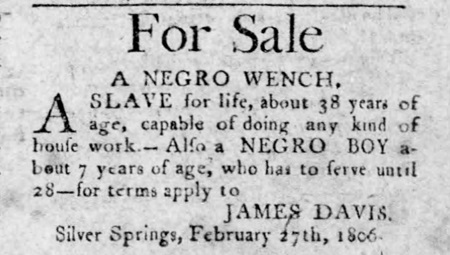 1805 Carlisle advertisement to sell three enslaved persons.