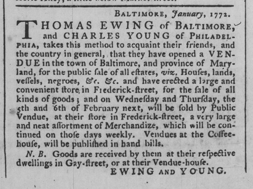 1772 announcement of a public auction house in Baltimore to sell enslaved persons, among other goods.
