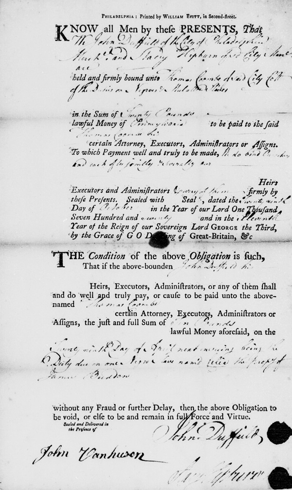 1770 Document Recording Duty Paid on an enslaved person brought into Pennsylvania.