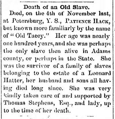 Obituary of Patience Hack, York Springs, 1858
