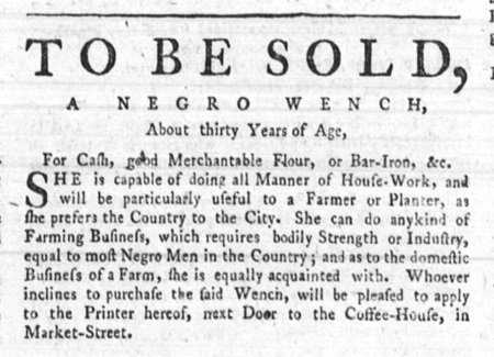 1782 Anonymous Philadelphia slave sale advertisement.