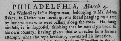 1775 Philadelphia news item reporting the suicide of an enslaved man.