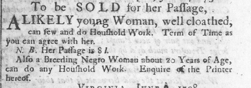 1728 Philadelphia advertisement to sell two women, one white, one Black.