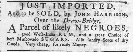 1743 Philadelphia ad from John Harrison to sell enslaved persons.