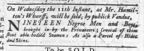 Advertisement to sell at public auction nineteen enslaved men and boys in 1745 colonial Philadelphia.