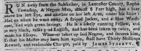 Runaway ad from 1761 placed by James Sterett of Rapho Township for Cudjo.