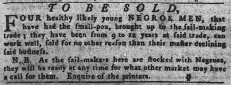 1768 Anonymous Philadelphia slave sale ad for sail-makers.