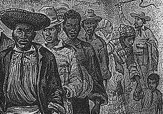 Enslaved men, chained together in a coffle, are paraded through the streets of Washington D.C. on their way to the slave market. Detail from a larger print in the Library of Congress. 