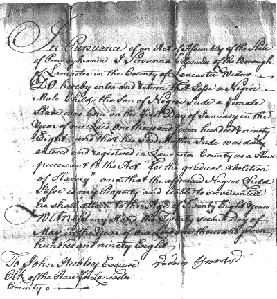 1798 Lancaster County document registering the slave Jesse