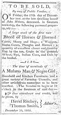 Advertisement for the public sale of two slaves.