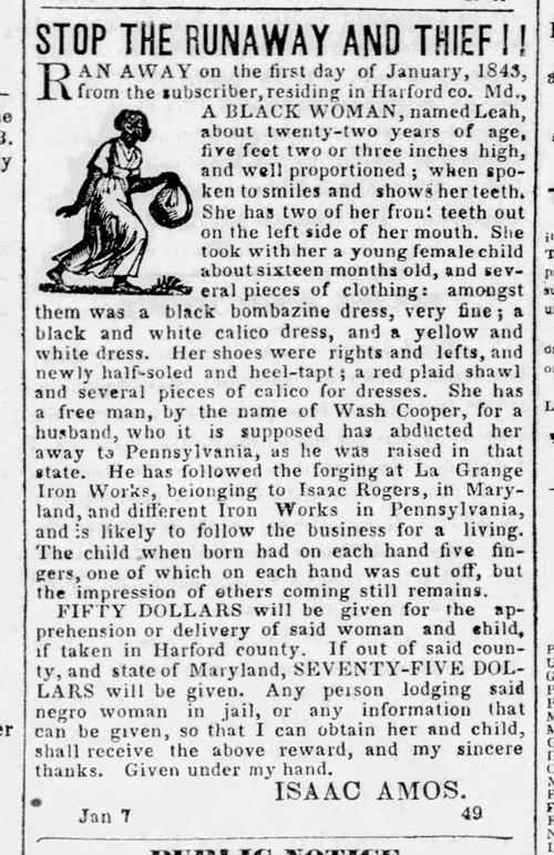 1843 advertisement to recover the enslaved Leah and her child, who escaped in winter with the help of her free husband.