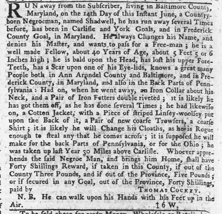 1762 newspaper ad for recovery of self-emancipated enslaved man Shadwell.