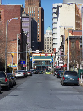 Modern view of Third Street in Harrisburg, from Mulberry Street looking toward Market Street and the pedestrian overpass at Strawberry Square.