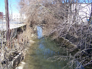 Paxton Creek north of Market Street, now tamed with concrete banks.