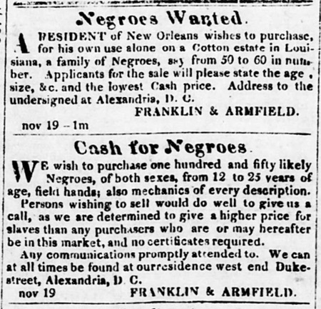 Franklin & Armfield ad as agents for a Louisiana cotton planter seeking 60 slaves.