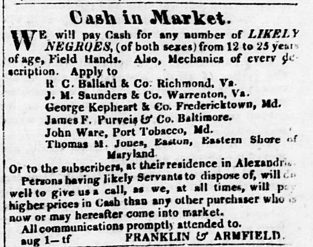 Franklin & Armfield 1833 advertisement listing their agents in nearby cities.