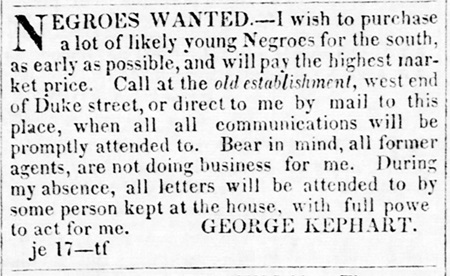 George Kephart 1845 advertisement to buy slaves.