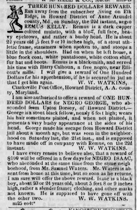 Runaway slave ad for several men including Isaac Lee, 1842.