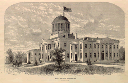 Engraved image of the old Capitol building in Harrisburg, Pennsylvania, during the Civil War.