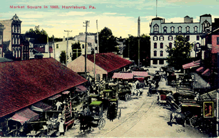 postcard of Harrisburg's Market Square in the 19th century.