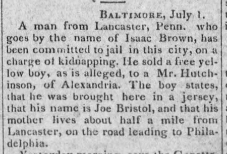 News account of a free Black child kidnapped from Lancaster.