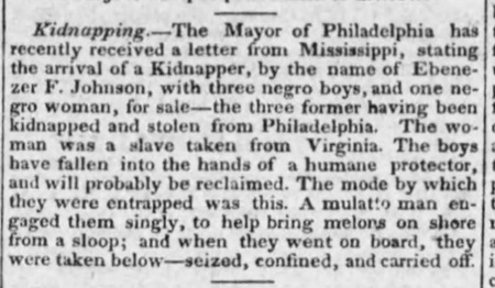 News article about letter from Mississippi detailing suspicious white men arrived with groups of negro boys for sale, and who said they had been kidnapped from Philadelphia.