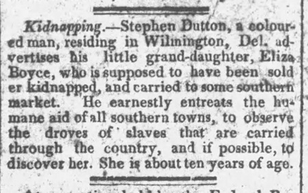 Account of the 1824 kidnapping of a 10-year-old girl from Wilmington, Delaware, thought to have been taken south.