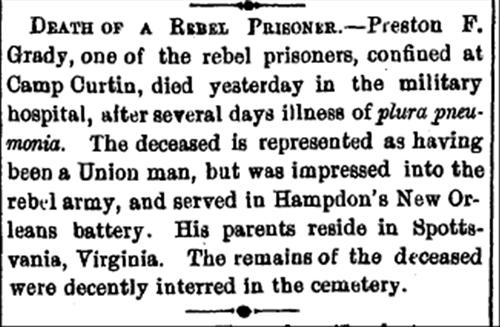 1862 obituary for a Confederate soldier who died in a military hospital in Harrisburg, Pennsylvania.