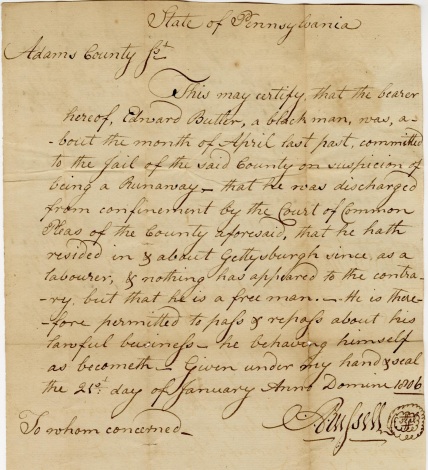 1806 handwritten pass for Edward Butler, a free Black man in Gettysburg, PA.