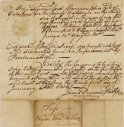 1806 handwritten pass for Edward Butler, a free Black man in Gettysburg, PA.