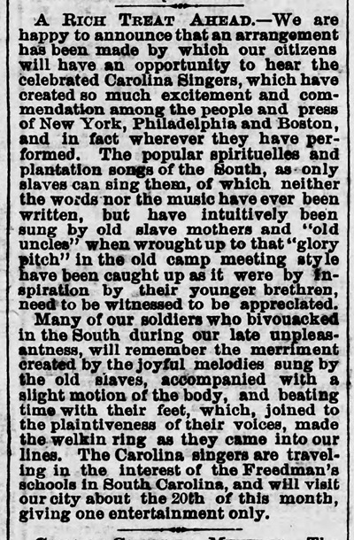 Announcement from the Harrisburg, PA Telegraph of a scheduled visit by the Carolina Singers, May  20th 1873.