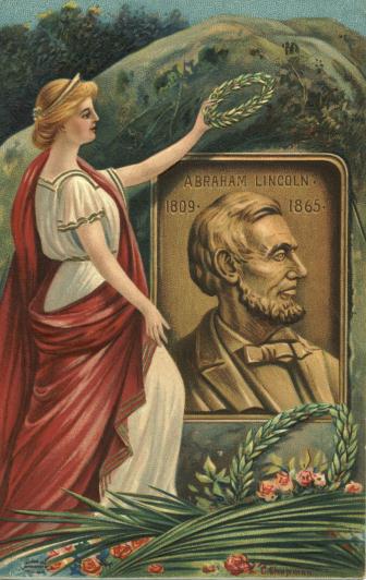The goddess Athena places a laurel wreath on the head of a sculpture of Abraham Lincoln.