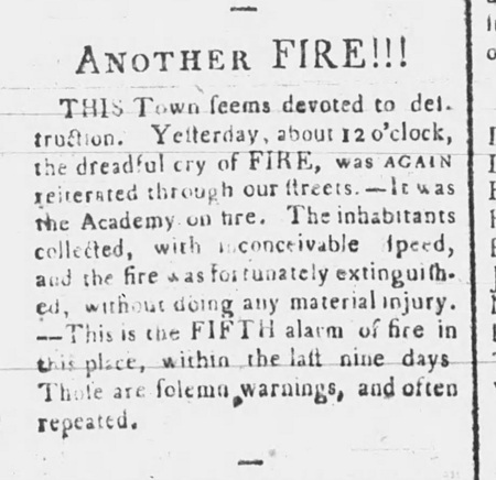 Newspaper article from the York Recorder on March 16, 1803, reporting on the fifth suspicious fire within nine days.