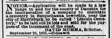 Public notice in 1876 to form Lincoln Cemetery Association.