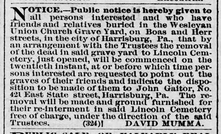 Public notice in 1877 to disinter burials from the Boas Street Cemetery for reinterment at Lincoln.