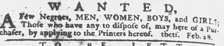 Philadelphia 1771 advertisement to purchase enslaved men, women, boys and girl.
