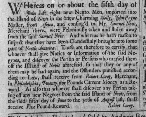 Notice of the kidnapping of enslaved African men from the Island of Nevis, 1733